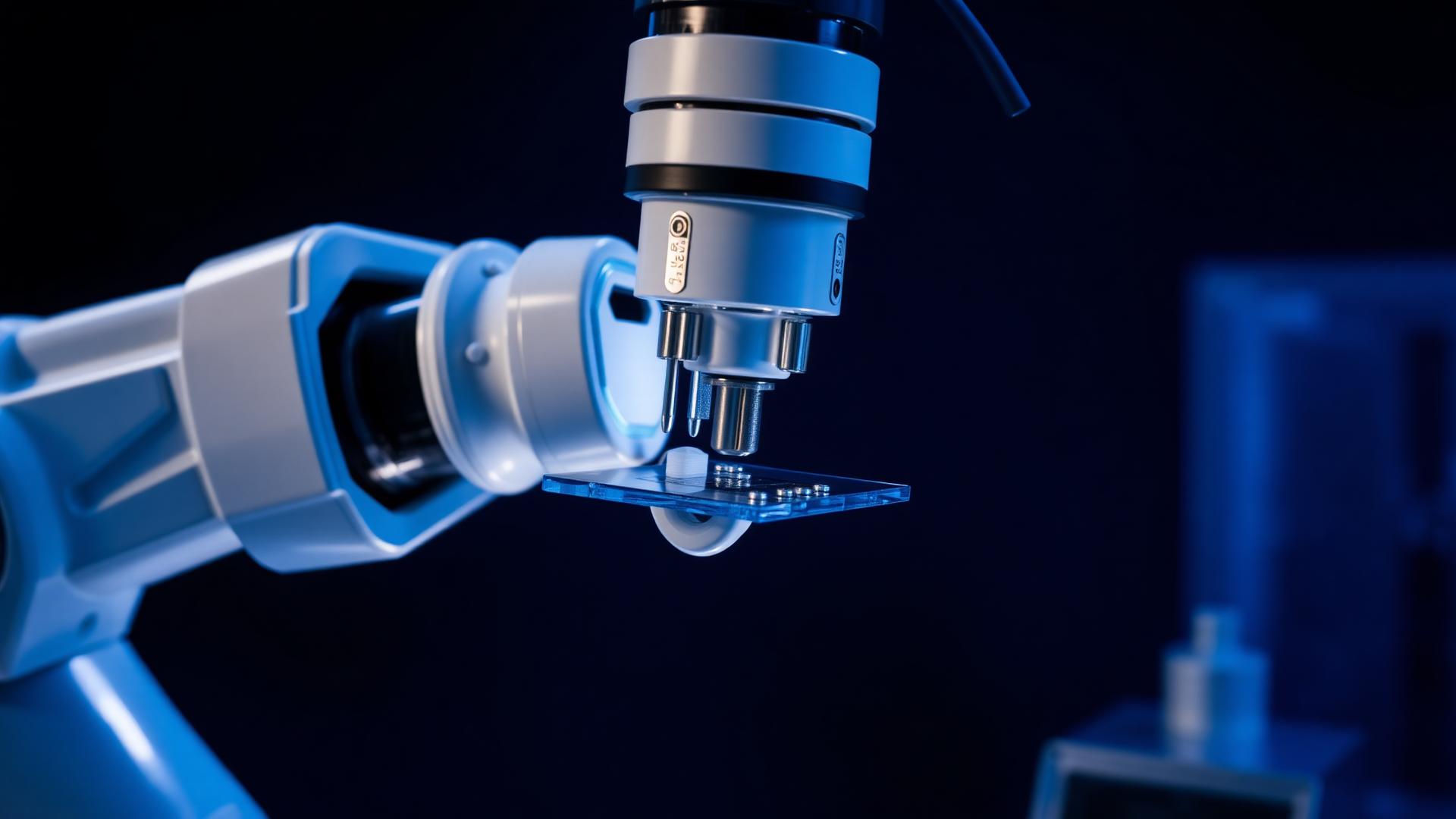 Precision robotic arm assembling a touch module in a cleanroom